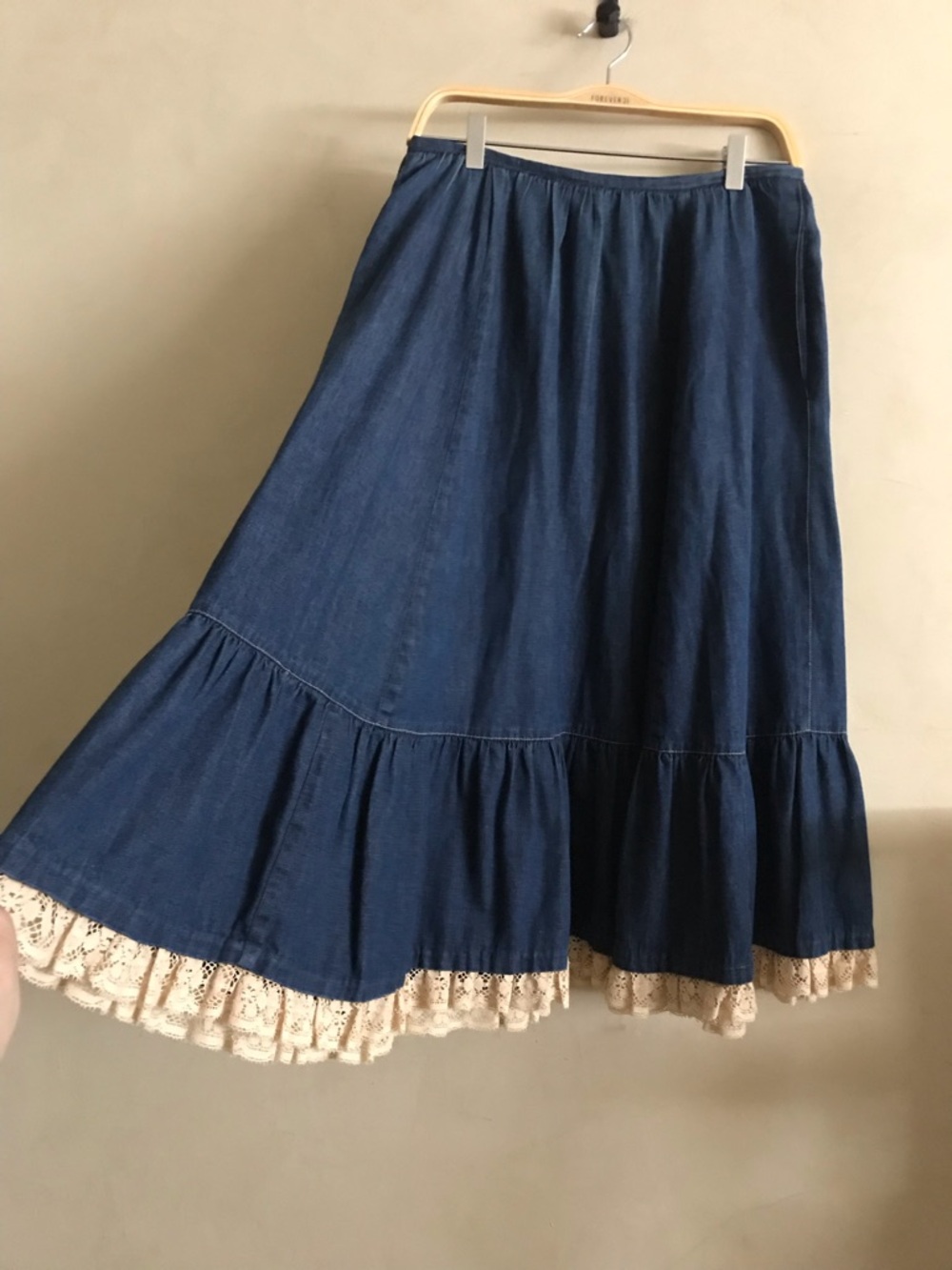 Vintage Blue Denim Maxi Skirt with Lace Trim - Picture 2 of 6